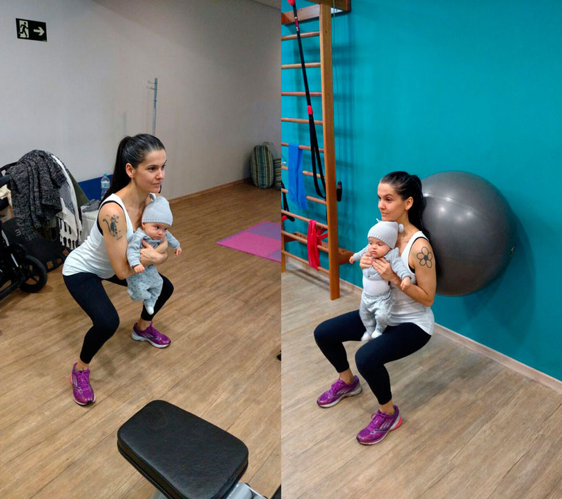 Agachamento (esquerda) e agachamento com a bola (direita), momento de interação entre mãe e filha. Foto: Fitmommy/ Alexandre Alves
